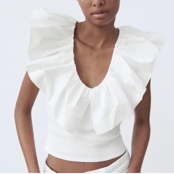 Zara Tops Zara White Ruffle Collar 0 Cotton Rib Tank Nwt Poshmark